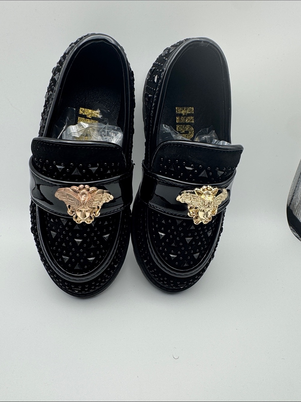 Kids Black Patent Loafers with Gold Emblem